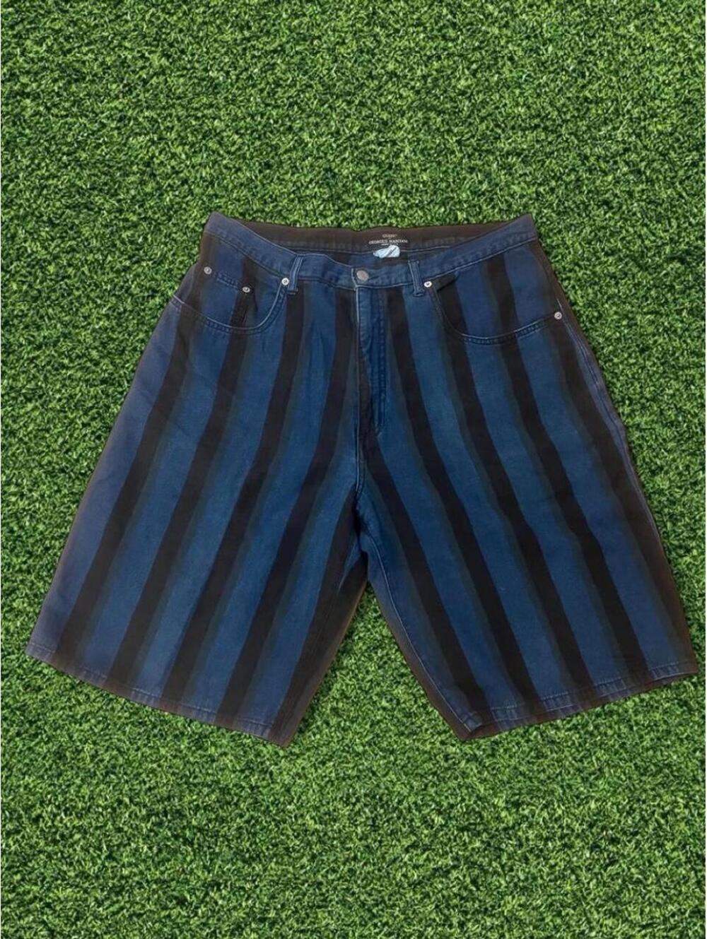 Vintage 90s Guess by Georges Marciano Black & Blue Striped Shorts – Size 36”